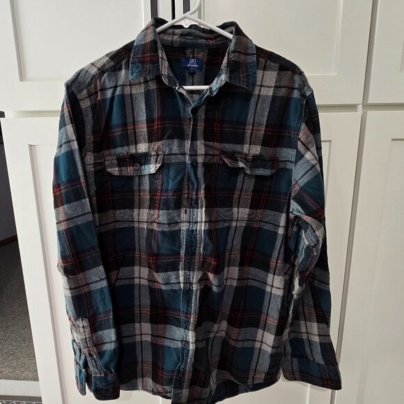 Men's George Shirt Size Large 42-44 Plaid Blue Red Black Cotton Flannel - Picture 1 of 6